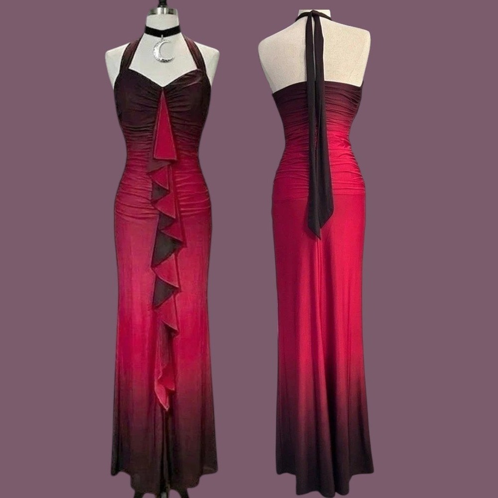 Vintage Fairycore Red Ombre Halter Maxi Dress Ruffle Front SMALL